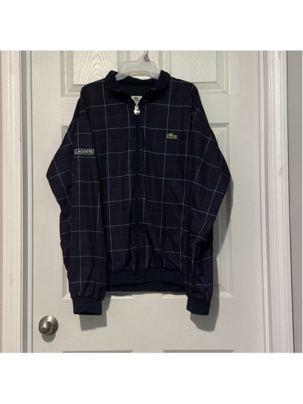 Lacoste Sport Men's XXL 7 Navy Windowpane Plaid Bomber Jacket Full Zip